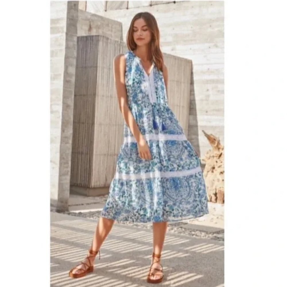 💕JOHNNY WAS💕 Aster Tiered Midi Dress 100% Linen ~ Blue Floral Print Small